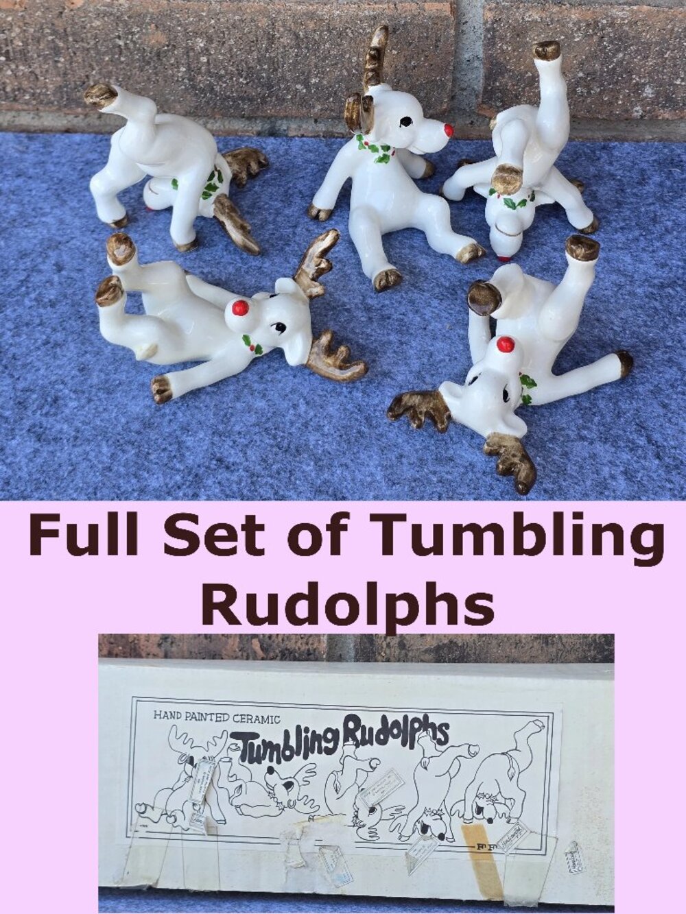 Vtg 1976 Fitz and Floyd Tumbling Rudolphs - COMPLETE Set of 5 with Original Box!